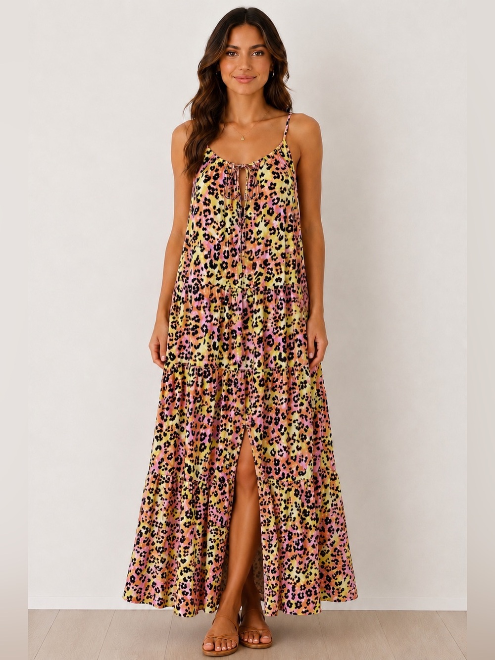 Bar III Leopard Print women’s swim coverup Maxi Dress Pink Yellow Size Small